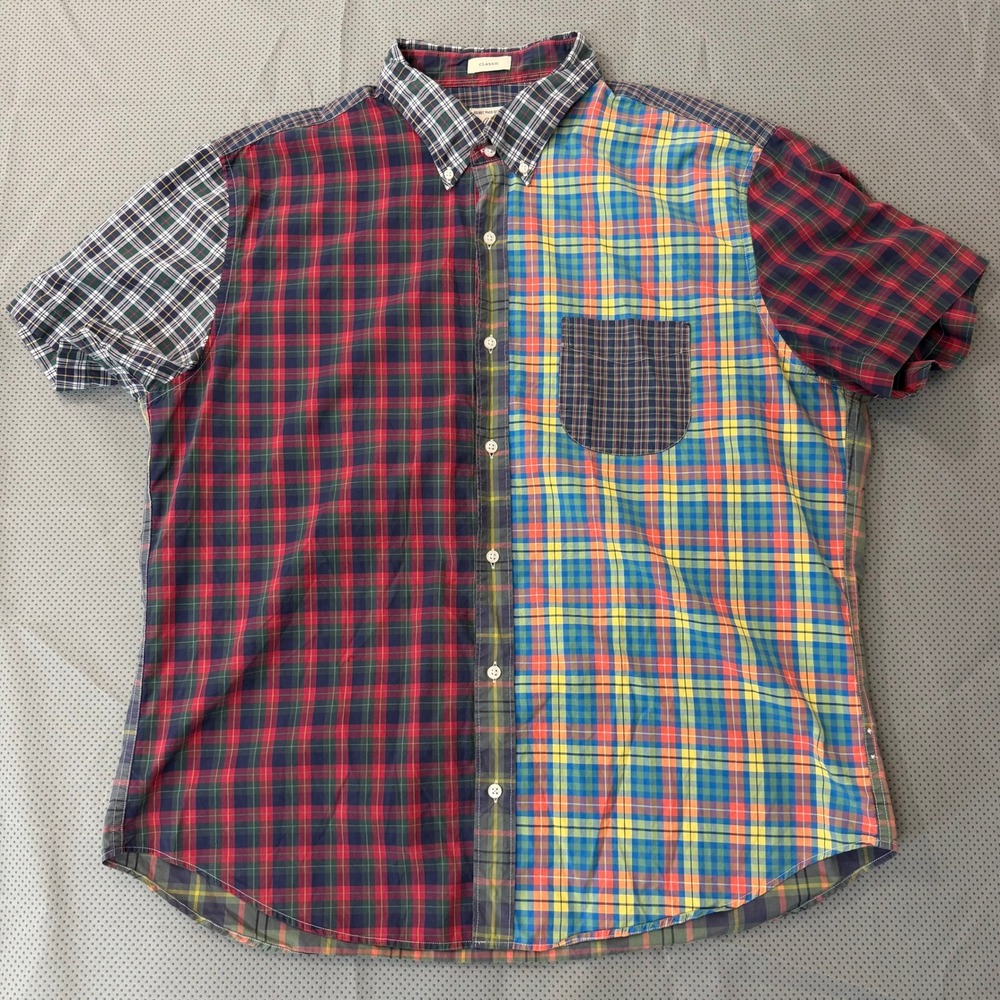 J.Crew Shirt Men XL Multi Plaid Secret Wash Patchwork Colorblock Short Sleeve